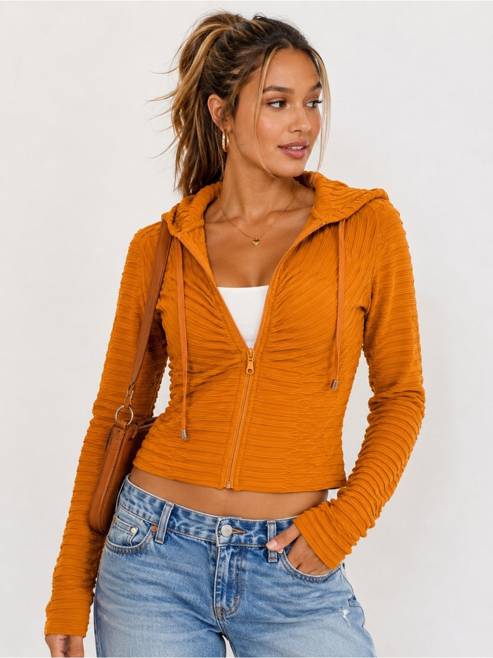 Cropped Ribbed Zip Hoodie in Mustard